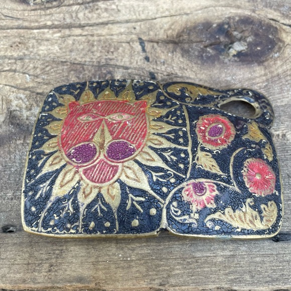 Vintage Handcast Brass Belt Buckle Boho Hippie Botanical & Lion Animal Figural - Picture 7 of 11